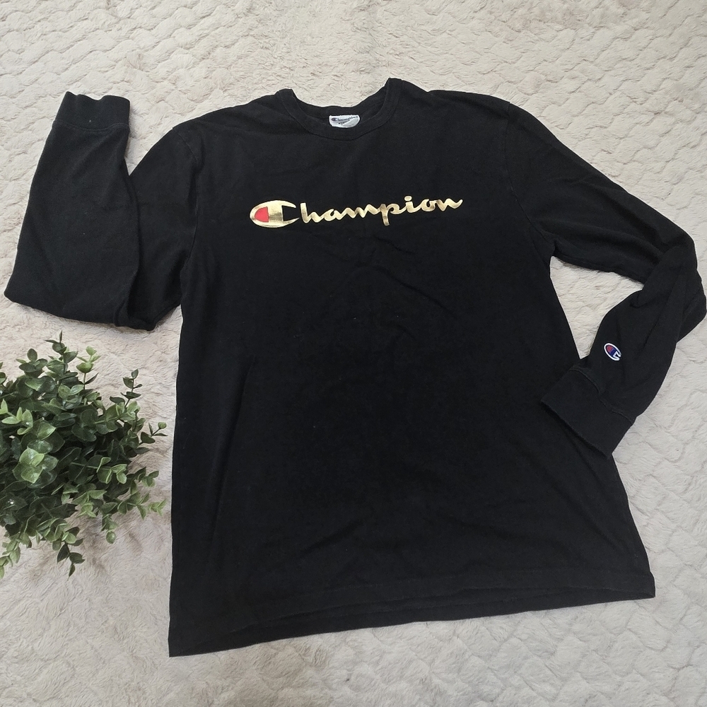 Champion Black Long-Sleeved Tee with Gold Champion Logo, Men's Size Large